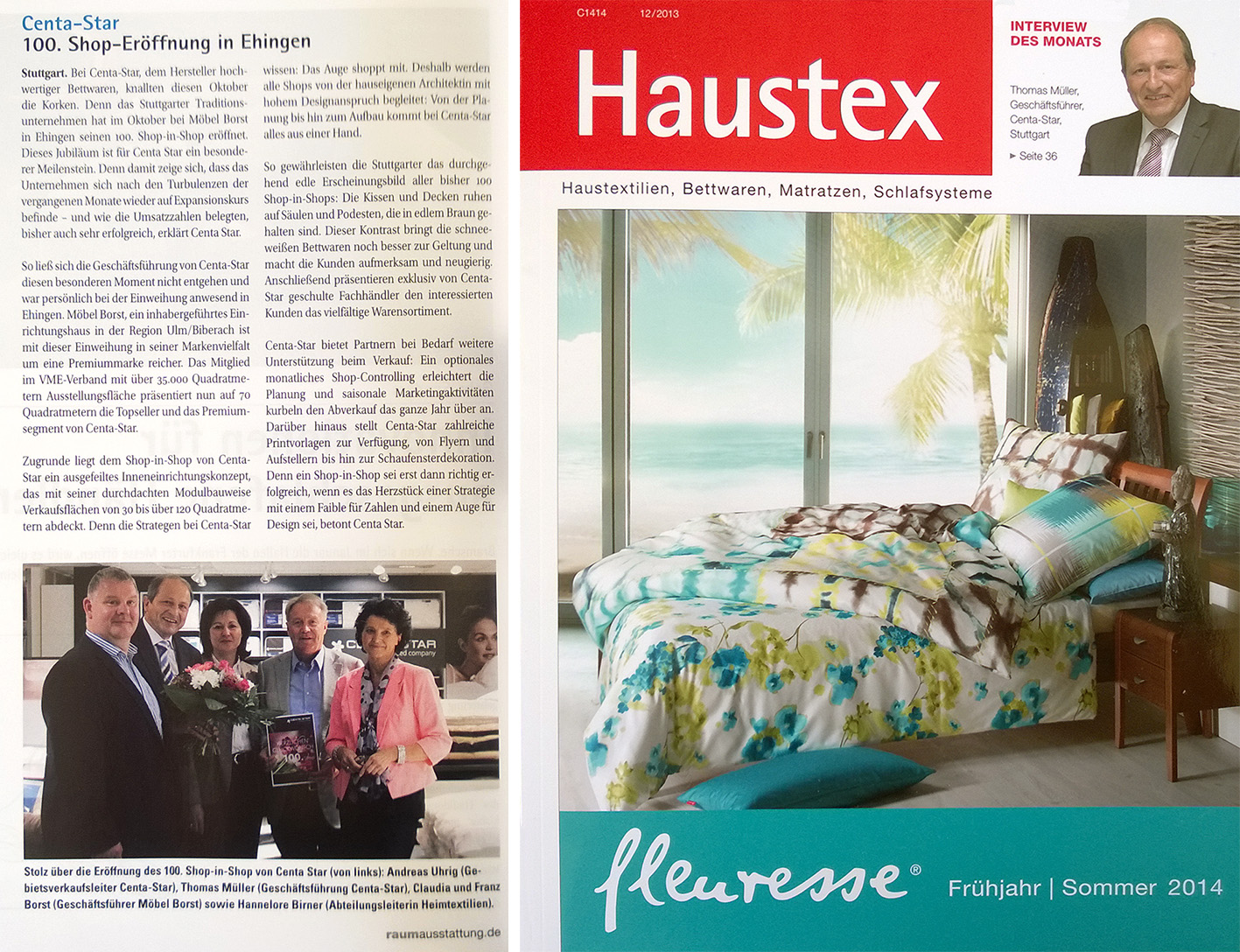 PR-Artikel über die 100ste Shoperöffnung von Centa-Star in der Haustex 12/2013
