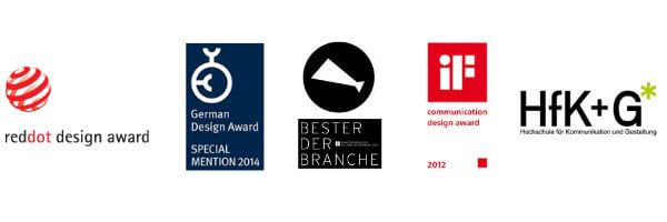Auflistung der Awards, die Sympatexter gewonnen hat: Red Dot, German Design Award, Jahr der Werbung "Bester der Branche", iF communication Design award. Und: Lehrtätigkeit an der Hochschule für Kommunikation in Stuttgart.