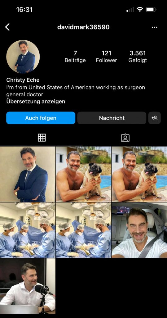 Der Klassiker unter den Fake Profilen auf Instagram: Ein vermeintlicher Chiurg aus den USA mit weniger als 9 Bildern - alle davon sind von einem brasialinischen Neurochirurgen geklaut.