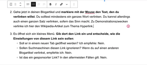WordPress Link hinzufügen: Markiere mit deiner Mouse die Textpassage, die du verlinken möchtest.